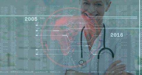 Senior Doctor Interacting with Futuristic Holographic World Map