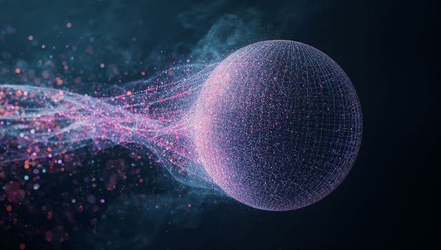 Glowing wireframe sphere with neon light streams in dark space