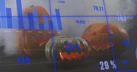 Glowing jack-o-lanterns projecting blue data overlays and bar charts with 20% label, smoky ambiance