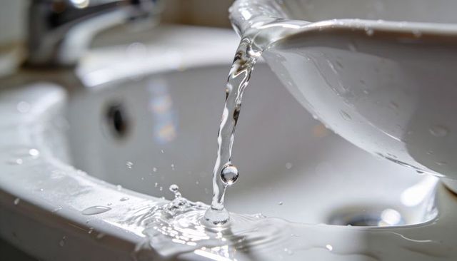 Close-up pouring water creating crystal splash on white porcelain sink with chrome faucet