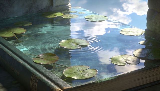 Antique hardcover book transforming into reflective water basin with floating lily pads