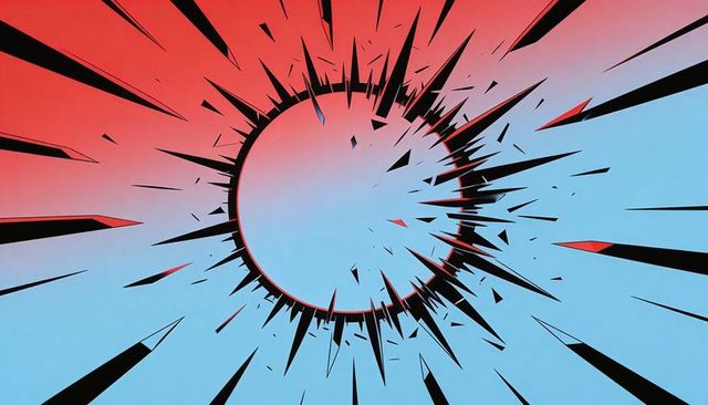 Radial shard explosion red-blue gradient, jagged geometric burst for futuristic design