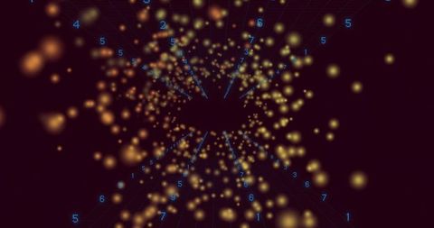 Spinning data vortex with glowing particles and blue numeric stream creating depth and motion