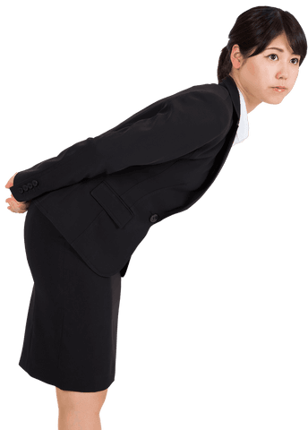 Serious asian businesswoman leaning forward on transparent background