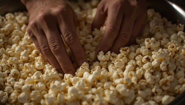 Adult hands sliding through popped popcorn in metal bowl closeup low-key crunchy texture