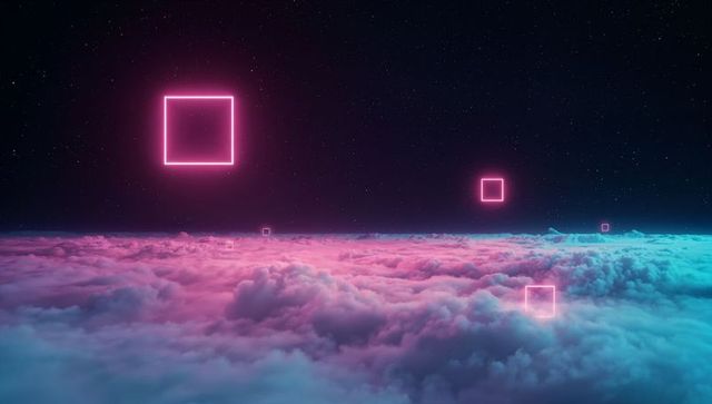 Neon pink squares floating below starry night sky