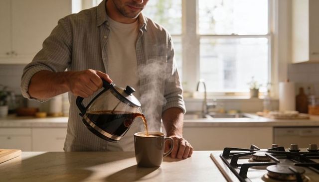 Man pouring morning coffee from glass carafe into ceramic mug in sunlit kitchen