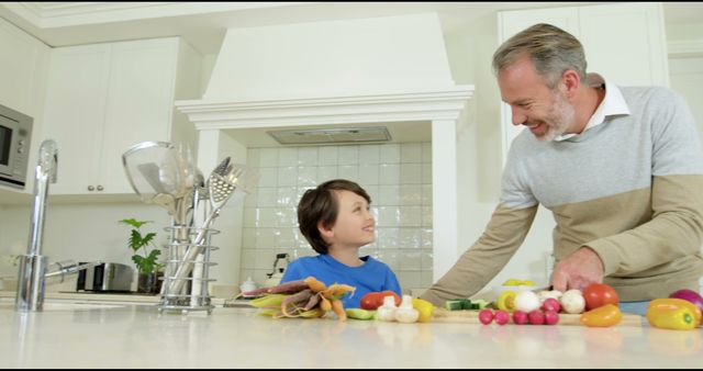 Father and son bonding while preparing vegetables on a countertop in a modern kitchen with white cabinetry. The child smiles at the father, showing enjoyment in the activity. Ideal imagery for family-oriented content, healthy living promotions, cooking blogs, and advertisements highlighting parent-child activities and relationships.