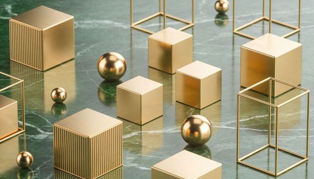 Reflecting golden geometric arrangement on green marble with polished spheres and wireframe cubes
