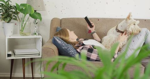Woman relaxing on sofa, scrolling smartphone and cuddling terrier in cozy living room