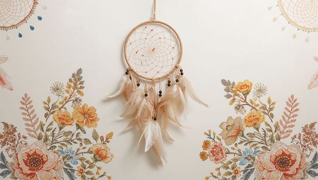 Handcrafted dreamcatcher on colorful floral background