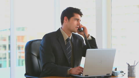 Businessman Discussing on Phone in Modern Office