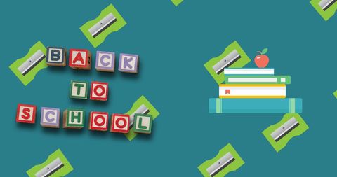 Back to School Concept with Blocks and Icons on Green Background