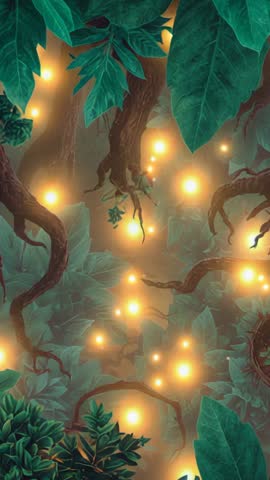 Glowing Orbs Floating Upward Through Enchanted Forest Vines Vertical Loop