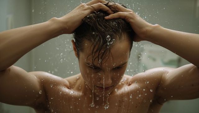 Shirtless athletic man rinsing hair under shower water droplets closeup intimate mood