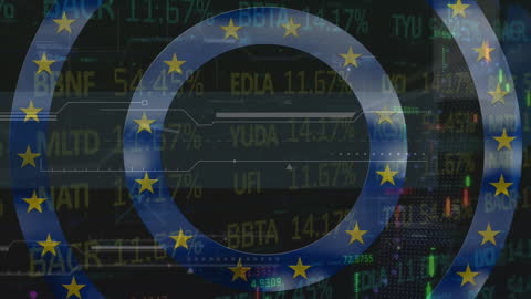 European Union Flag Overlay on Digital Finance Data Visualization