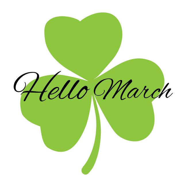 This design features a bright green shamrock with the text 'Hello March' elegantly overlaid, symbolizing fresh beginnings and the luck of the Irish. Ideal for creating March and spring-themed greeting cards, social media posts, and holiday decorations, particularly for St. Patrick's Day. This vibrant illustration brings positive energy and luck for the new month.