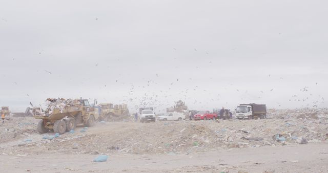 Trucks unloading waste at landfill on a cloudy day. Birds flying above the landfill searching for food. Image can be used for recycling, waste management, pollution awareness, and environmental conservation themes.