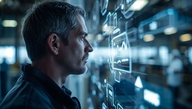 Technician inspecting holographic industrial display while analyzing data in workshop