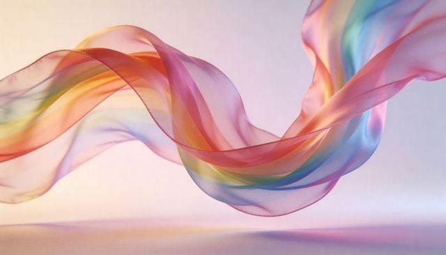 Flowing translucent rainbow silk scarf floating across soft pastel gradient with gentle curves