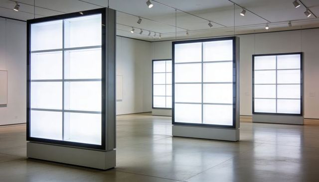Backlit minimalist lightbox installations in contemporary gallery with grid frames