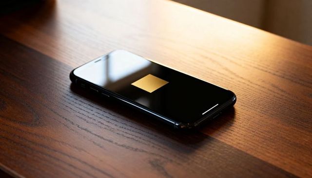 Glossy black smartphone displaying gold square on wooden table, sunlit minimalist tech