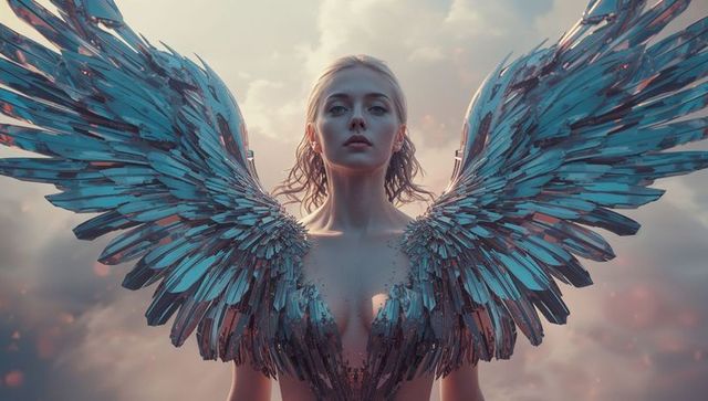 Ethereal Female with Metal Wings and Armor in Cloudscape