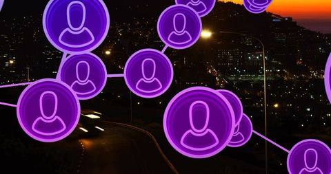 Neon purple network nodes connecting user avatars over city skyline road at dusk