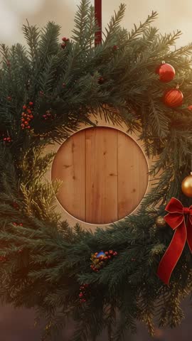 Vertical Swaying Christmas Wreath with Red Bow and Berries on Rustic Door