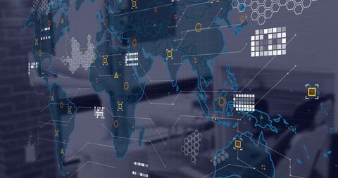 Digital World Map Overlay with Financial Data in Office - Download Free Stock Images Pikwizard.com