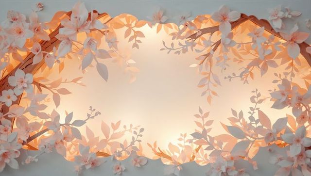 Handmade paper floral frame glowing warm backdrop with layered blossoms and branches