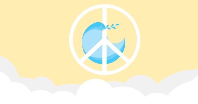 Illustration of blue dove with olive branch within peace symbol. Yellow background with white clouds at bottom. Ideal for promoting peace, unity, non-violence, and environmental themes in posters, websites, or social media. Suitable for anti-war campaigns, peace talks, and community events promoting harmony and understanding.