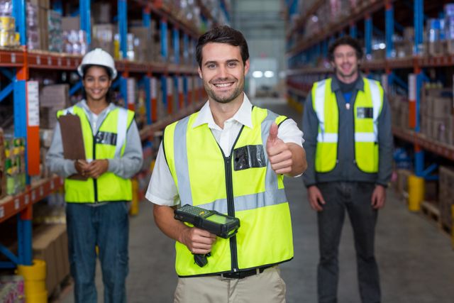 Warehouse worker showing thumbs up sign in warehouse