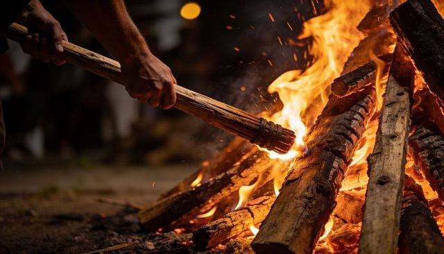 Stoking wooden torch into roaring bonfire flames at nighttime outdoor gathering firelight