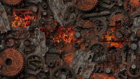 Rusty Gears and Molten Fire in Industrial Artwork