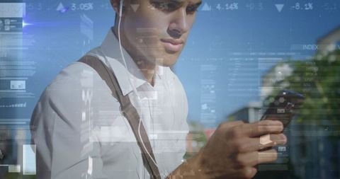 Young Man Using Smartphone Analyzing Digital Financial Data