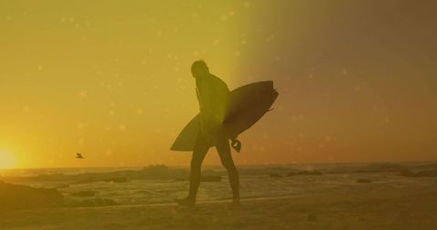 Surfer carrying board along tranquil sunset beach