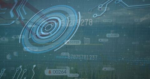 Futuristic holographic data interface overlaying forest landscape