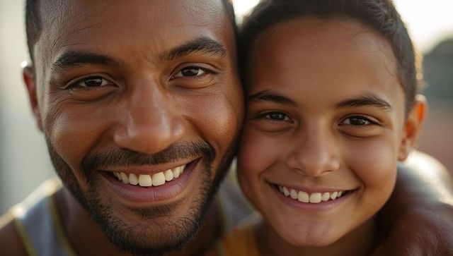 Closeup smiling man and boy embracing outdoors in warm natural light joyful portrait