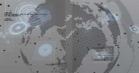 Rotating dot-matrix globe hud with futuristic data panels and cyan target rings