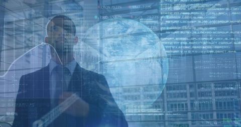 Businessman in Suit Analyzing Global Financial Data Trends