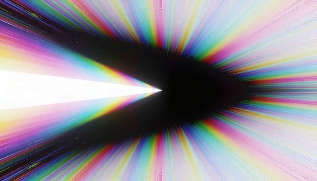 White wedge piercing black void firing rainbow streaks digital abstract tunnel