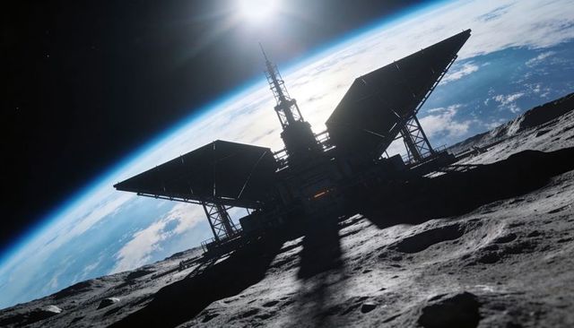 Lunar outpost silhouette on cratered regolith with massive solar arrays and antenna tower