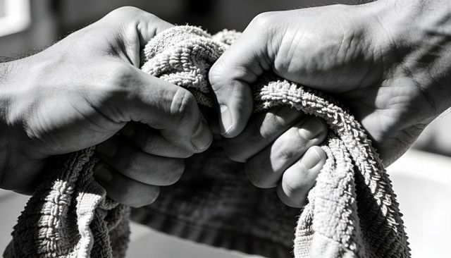 Four hands gripping and wringing terry cloth towel closeup monochrome knot of tension