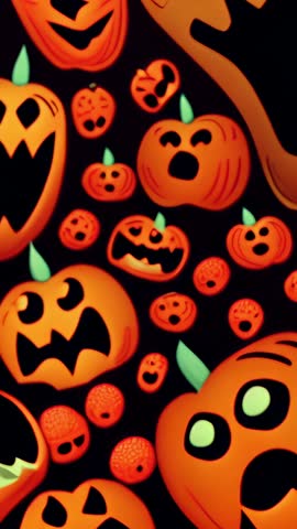 Vertical Halloween pumpkin animation loop with floating jack-o'-lanterns and ghost accents