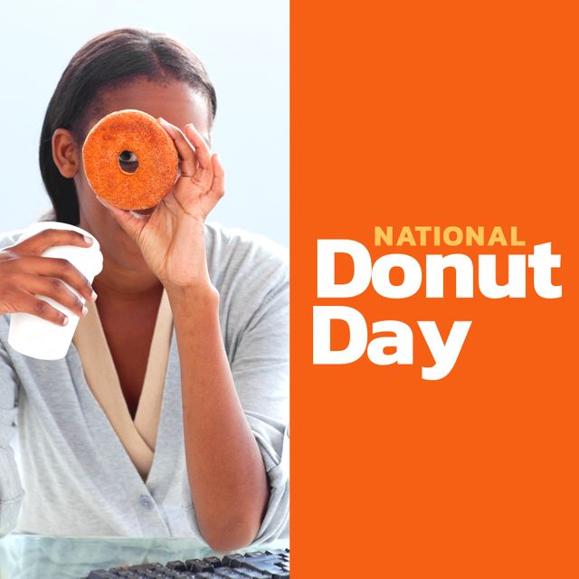 Digital composite image of national donut day text by african american woman peeking through donut. celebration, sweet and unhealthy food concept.