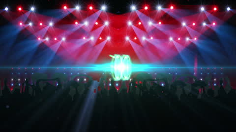 Vibrant Concert Stage with Dancing Silhouette Crowd