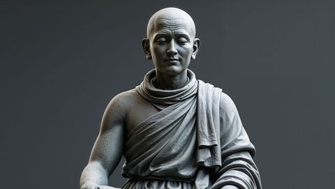 Meditating monk sculpture in tranquil gallery ambiance