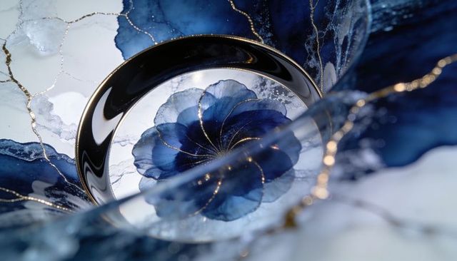 Gilded blue glass flower reflecting in polished metal ring on gold-veined marble