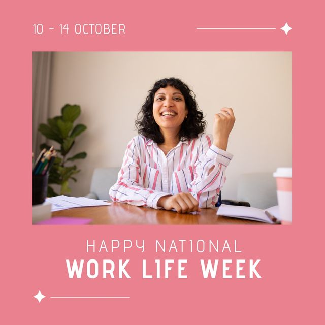 Image of national work life week and happy biracial woman sitting at desk - Download Free Stock Videos Pikwizard.com